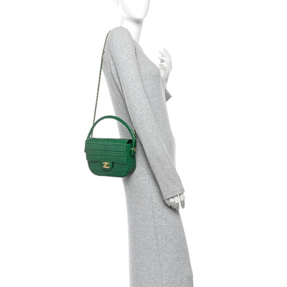 Calfskin Crocodile Embossed Turn Around Mini Flap Emerald