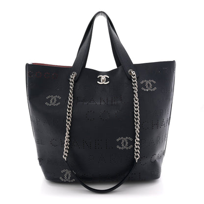 Calfskin Tweed Small Logo Eyelets Shopping Tote Navy Blue