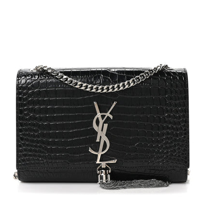 Calfskin Crocodile Embossed Small Classic Monogram Kate Tassel Satchel Black