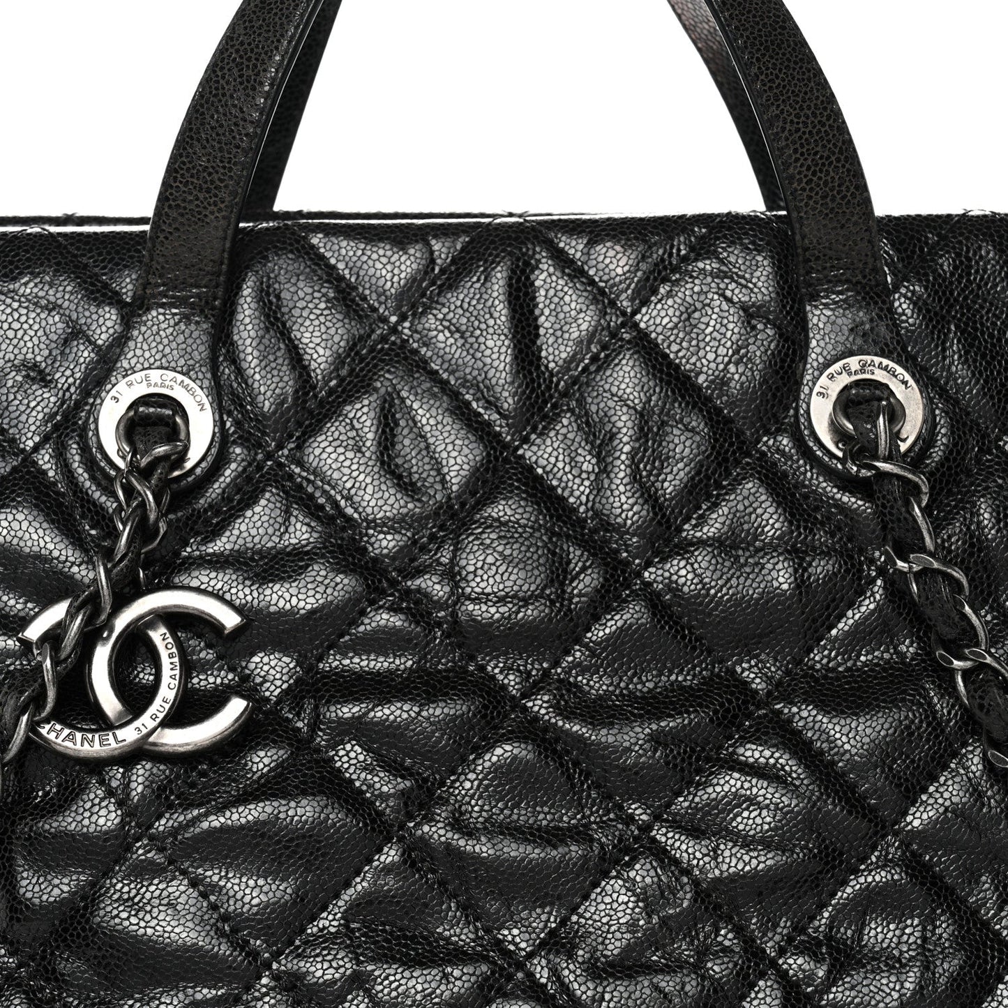 Crumpled Grained Calfskin Quilted CC Crave Tote Black