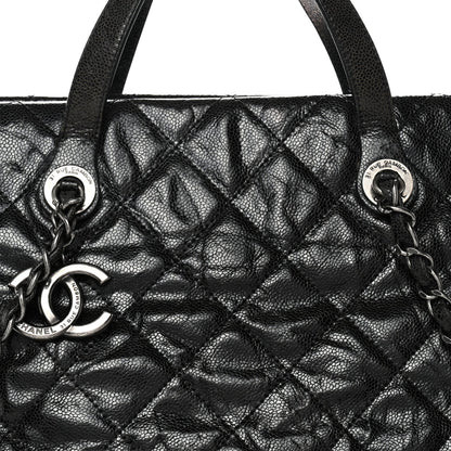 Crumpled Grained Calfskin Quilted CC Crave Tote Black