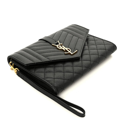 Grain De Poudre Textured Mixed Matelasse Triquilt Monogram Clutch Black
