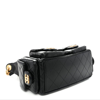 Shiny Lambskin Quilted Trendy Pockets Hobo Black