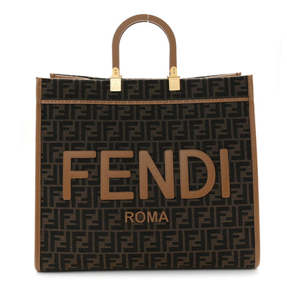 Fabric Jacquard FF 1974 Logo Large Fendi Sunshine Shopper Tote Tobacco Moro Sand