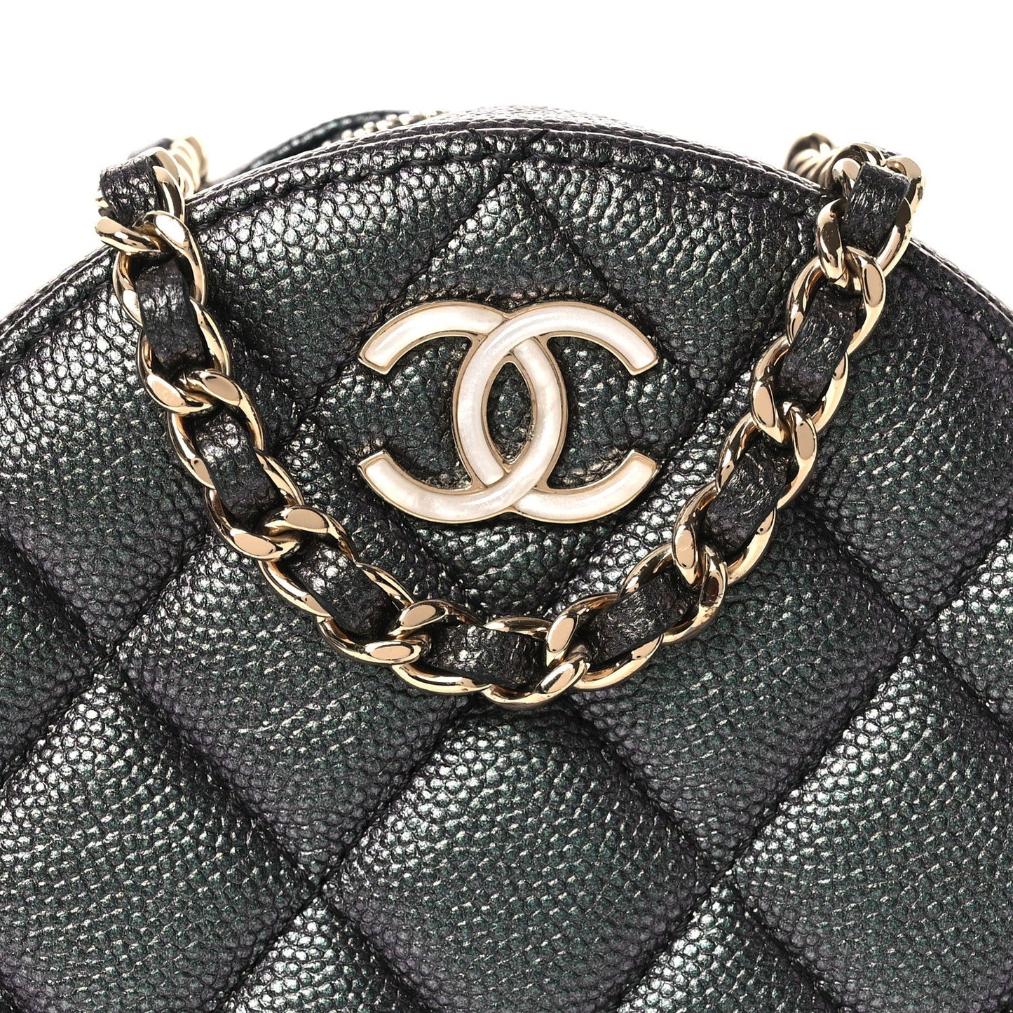 Iridescent Caviar Quilted Round Clutch With Chain Black