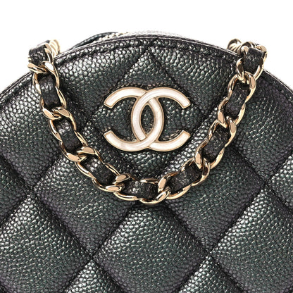 Iridescent Caviar Quilted Round Clutch With Chain Black
