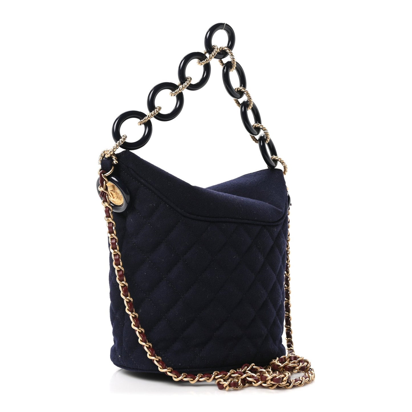 Wool Lambskin Quilted Paris Hamburg Charms Bucket Bag Dark Navy