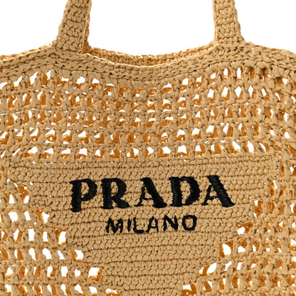 Yarn Raffia Effect Crochet Logo Embroidered Tote Bag Naturale