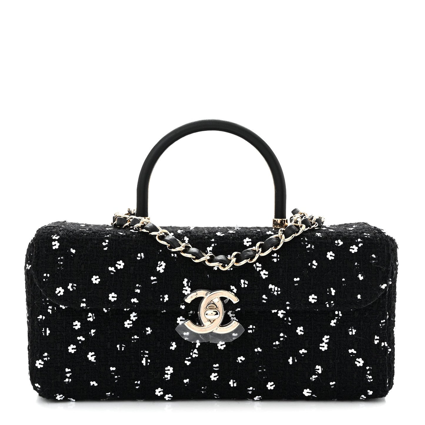 Tweed Sequin Quilted Top Handle Box Bag Black