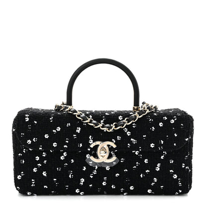 Tweed Sequin Quilted Top Handle Box Bag Black