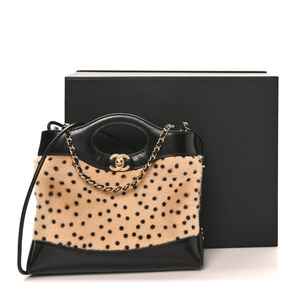 Shiny Lambskin Pony Hair Cheetah Printed Mini 31 Shopping Bag Light Beige Black