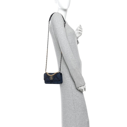 Denim Quilted Chanel 19 Flap Phone Holder With Chain Blue