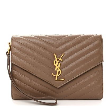 Grain De Poudre Matelasse Chevron Monogram Cassandre Flap Pouch Taupe