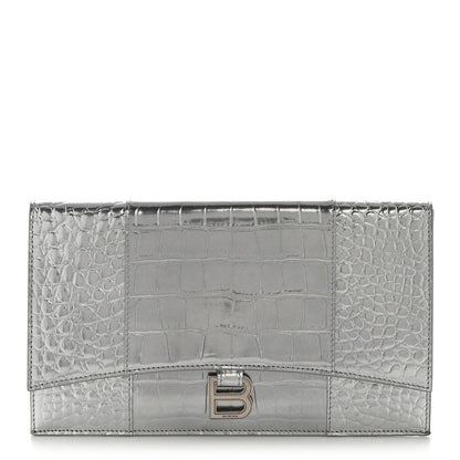 Metallic Calfskin Crocodile Embossed Hourglass Flap Flat Pouch Silver