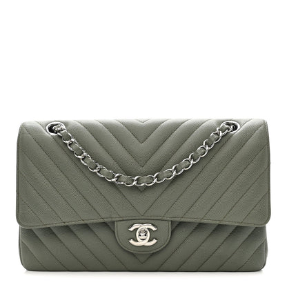 Caviar Chevron Quilted Medium Double Flap  Green