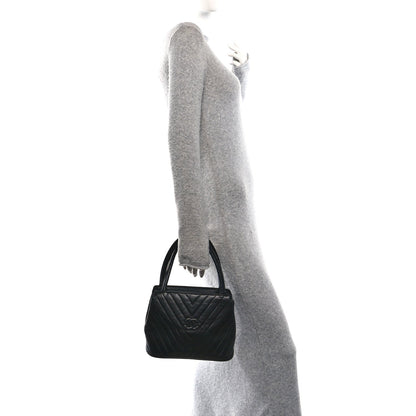 Lambskin Chevron Quilted Top Handle Tote Bag Black