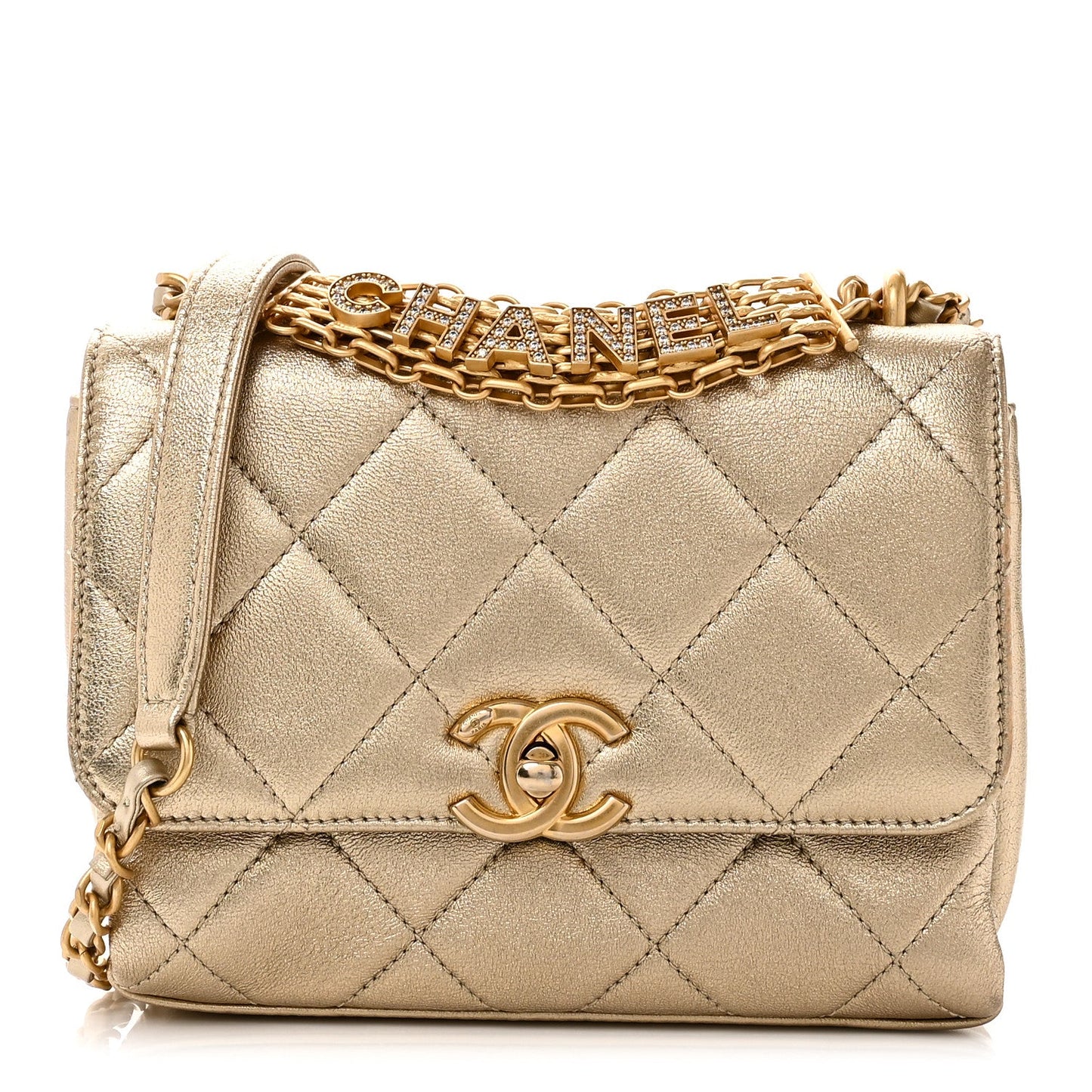 Metallic Lambskin Quilted Mini CC Crystal Logo Chain Flap Gold