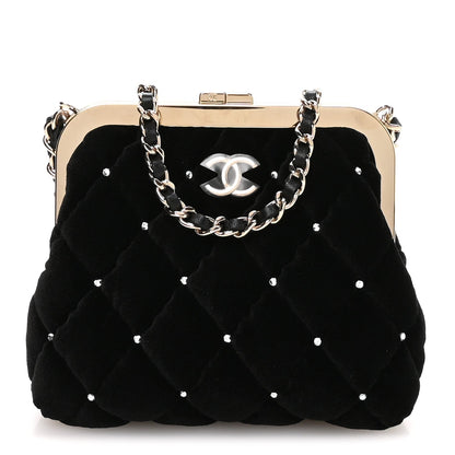 Velvet Diamante Quilted Kiss Lock Clutch Black