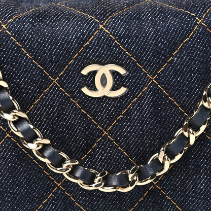 Denim Quilted Hobo Clutch With Chain Dark Blue Orange
