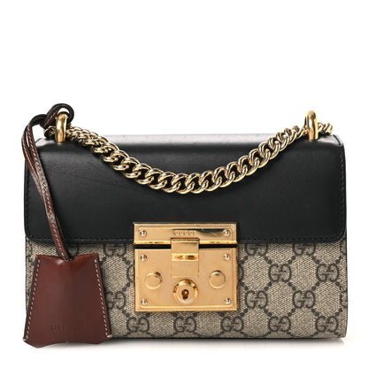 GG Supreme Monogram Calfskin Small Padlock Shoulder Bag Beige Black Cuir