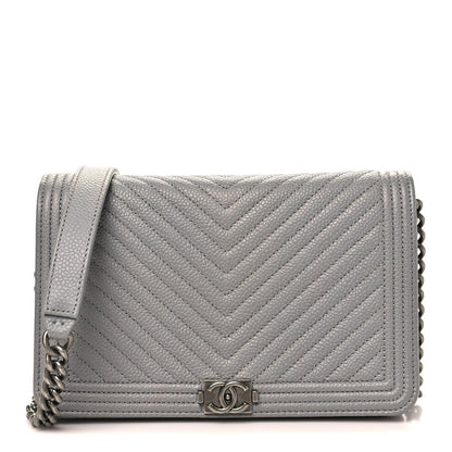 Caviar Chevron Quilted Boy Wallet On Chain WOC Grey