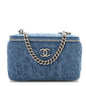 Denim Quilted Sweetheart Small Vanity Case With Chain Blue