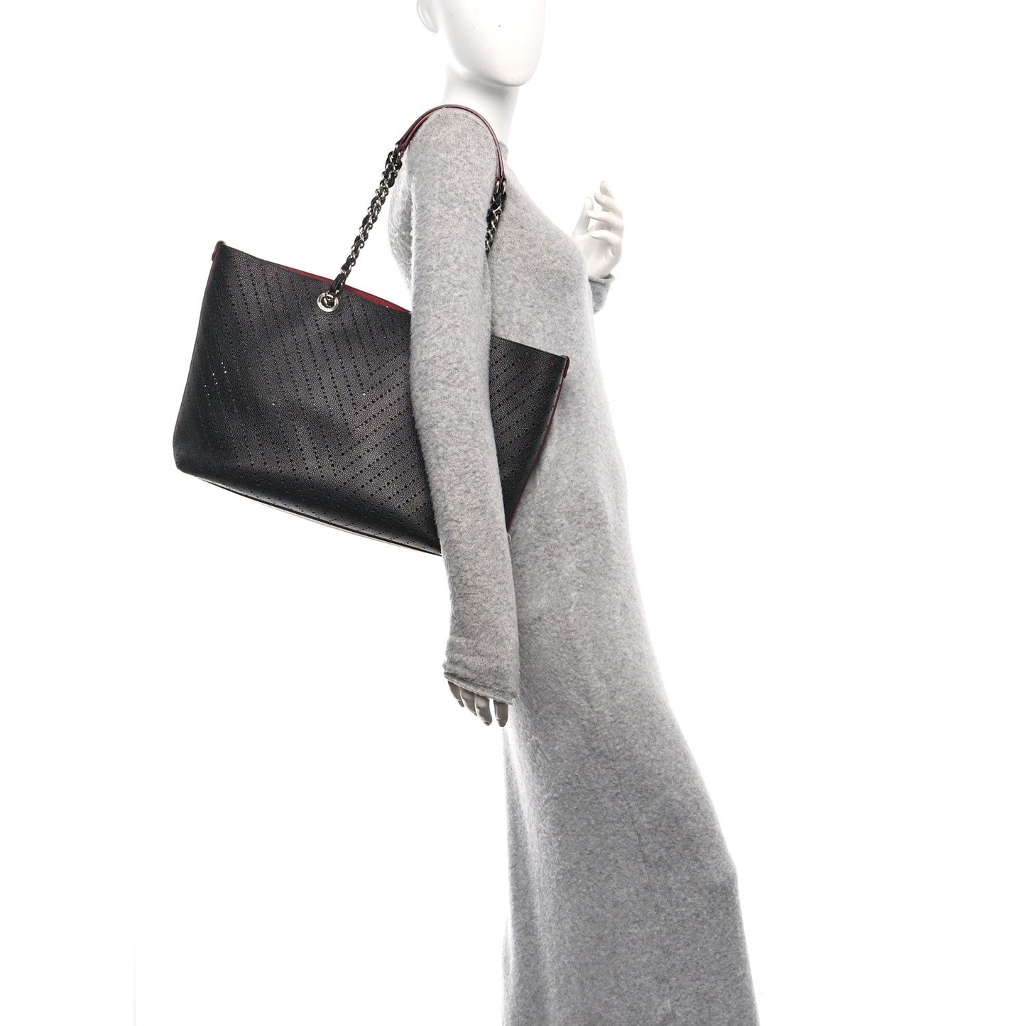 Perforated Grained Calfskin Large Shopping Tote Black