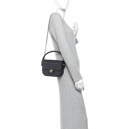 Calfskin Crocodile Embossed Turn Around Mini Flap Dark Grey