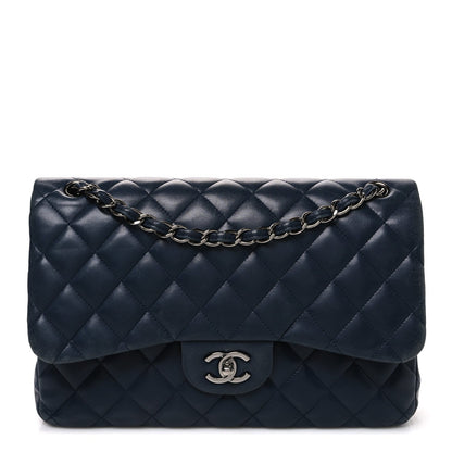 Lambskin Quilted Jumbo Double Flap Navy