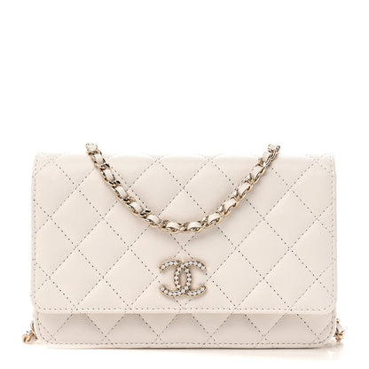 Caviar Quilted Crystal CC Wallet On Chain WOC White