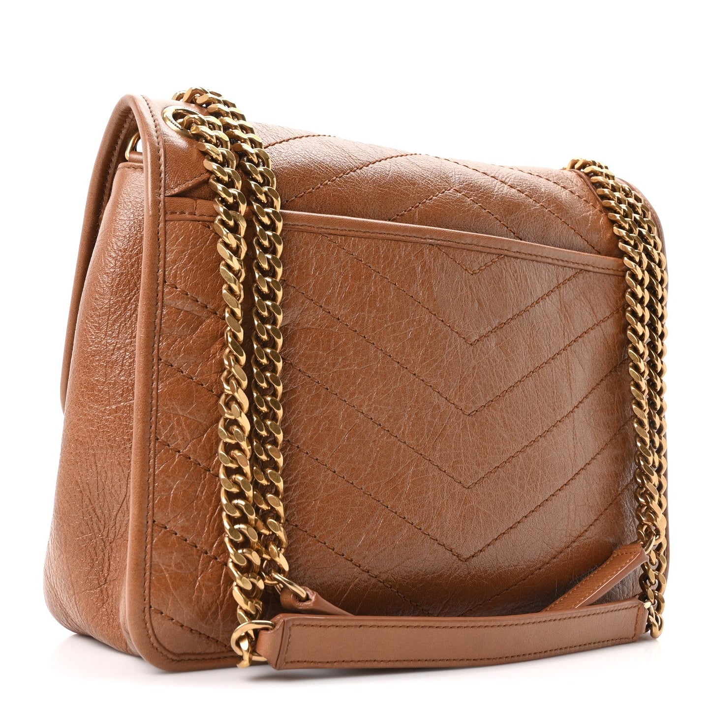 Crinkled Calfskin Matelasse Monogram Medium Niki Chain Satchel Caramel