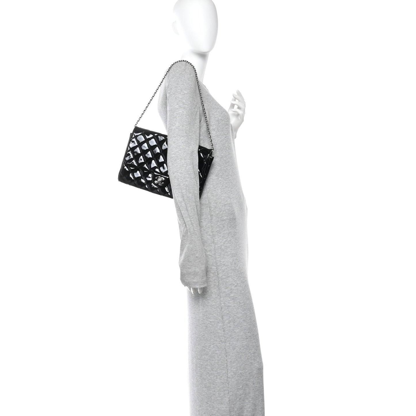 Patent Quilted Clutch with Chain Flap Black