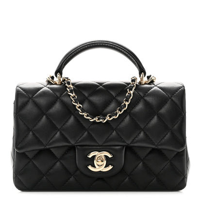 Lambskin Quilted Mini Top Handle Rectangular Flap Black