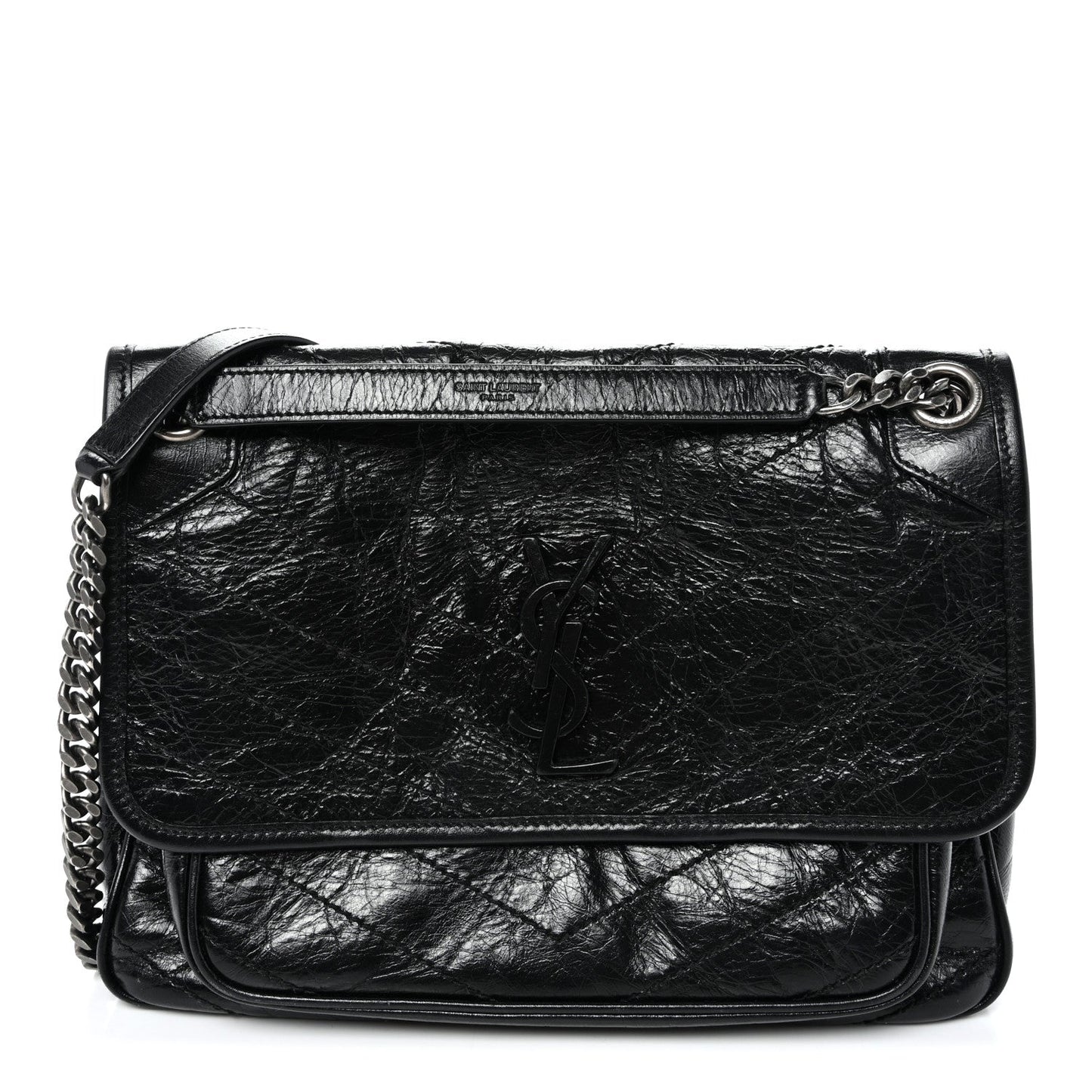 Crinkled Calfskin Matelasse Monogram Medium Niki Chain Satchel Black
