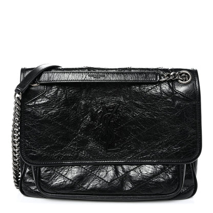 Crinkled Calfskin Matelasse Monogram Medium Niki Chain Satchel Black