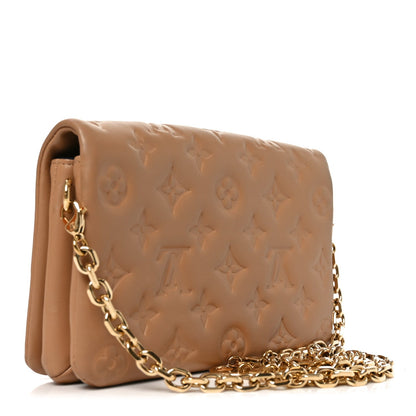 Lambskin Embossed Monogram Pochette Coussin Camel