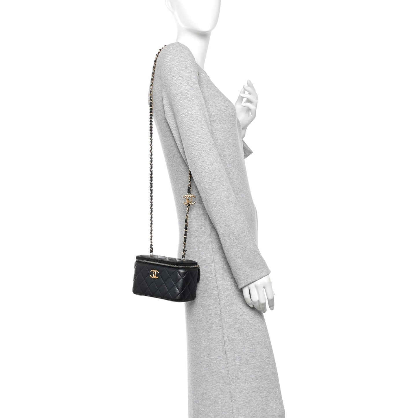 Pearly Caviar Quilted Fit For You Small Vanity Case With Chain Black