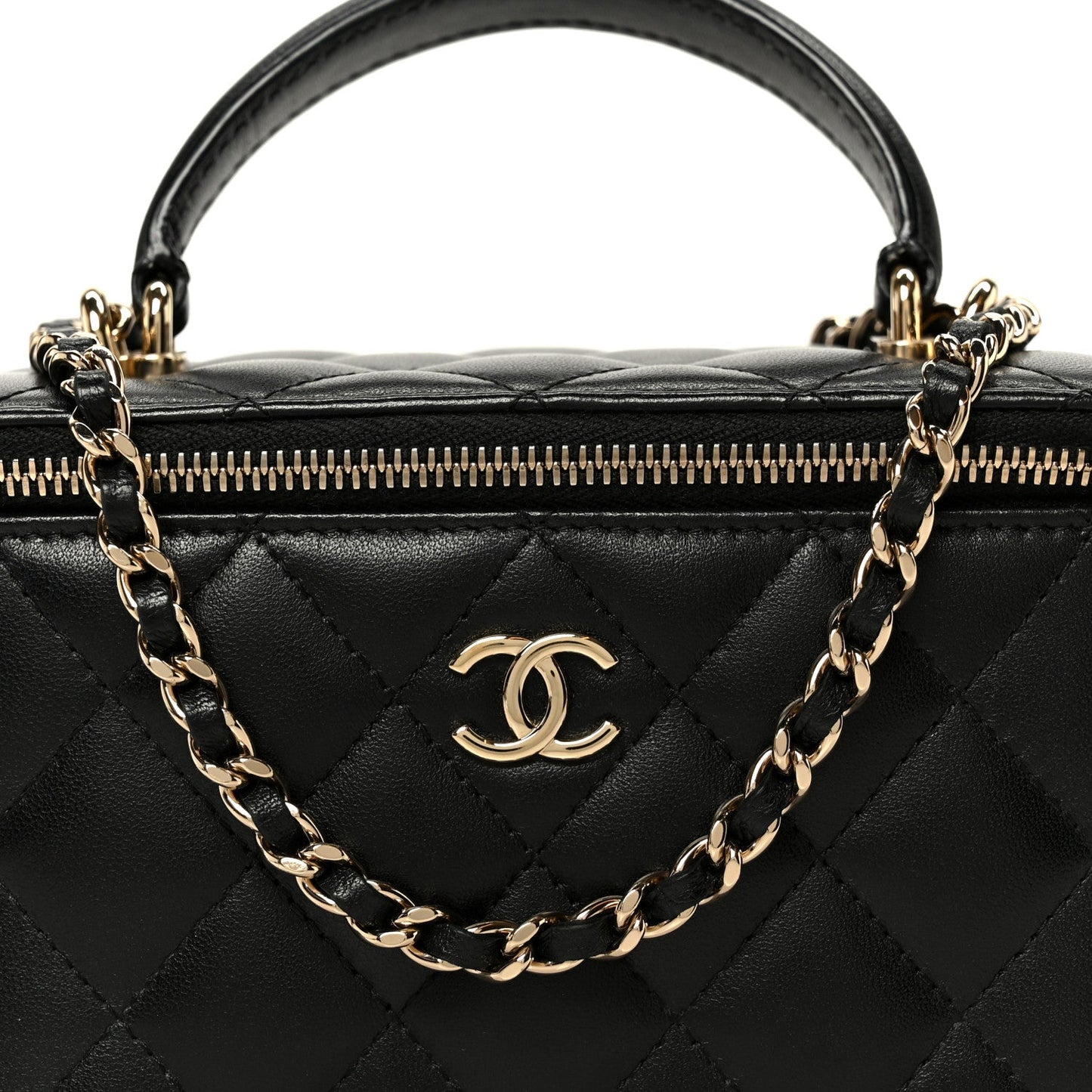 Lambskin Quilted Small Top Handle Vanity Case With Chain Black