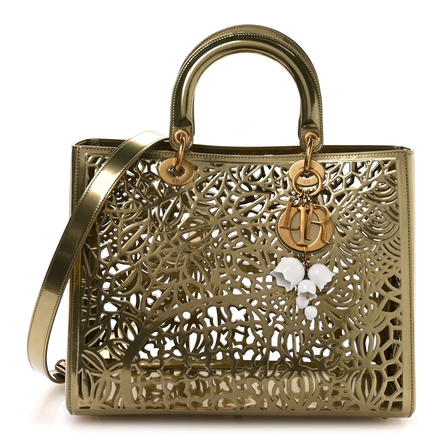 X DAVID WISEMAN Metallic Calfskin Laser Cut Large Lady Dior Gold