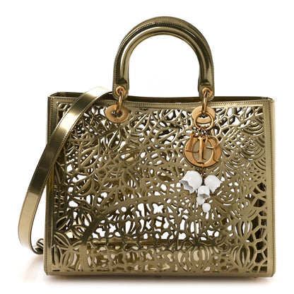 X DAVID WISEMAN Metallic Calfskin Laser Cut Large Lady Dior Gold