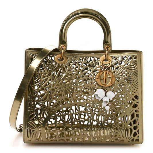 X DAVID WISEMAN Metallic Calfskin Laser Cut Large Lady Dior Gold