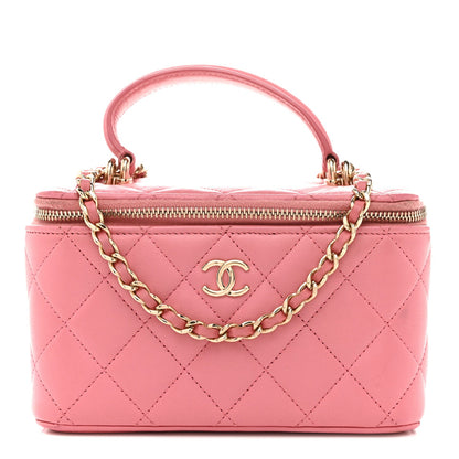 Lambskin Quilted Small Top Handle Vanity Case With Chain Pink