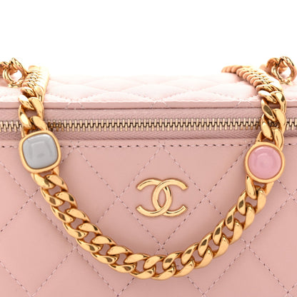 Lambskin Quilted Pearl Enamel Small Vanity Case With Chain Light Pink