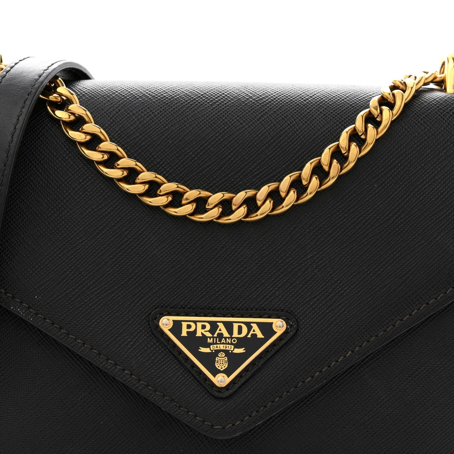 Saffiano Soft Calfskin Metal Triangle Logo Envelope Chain Shoulder Bag Black