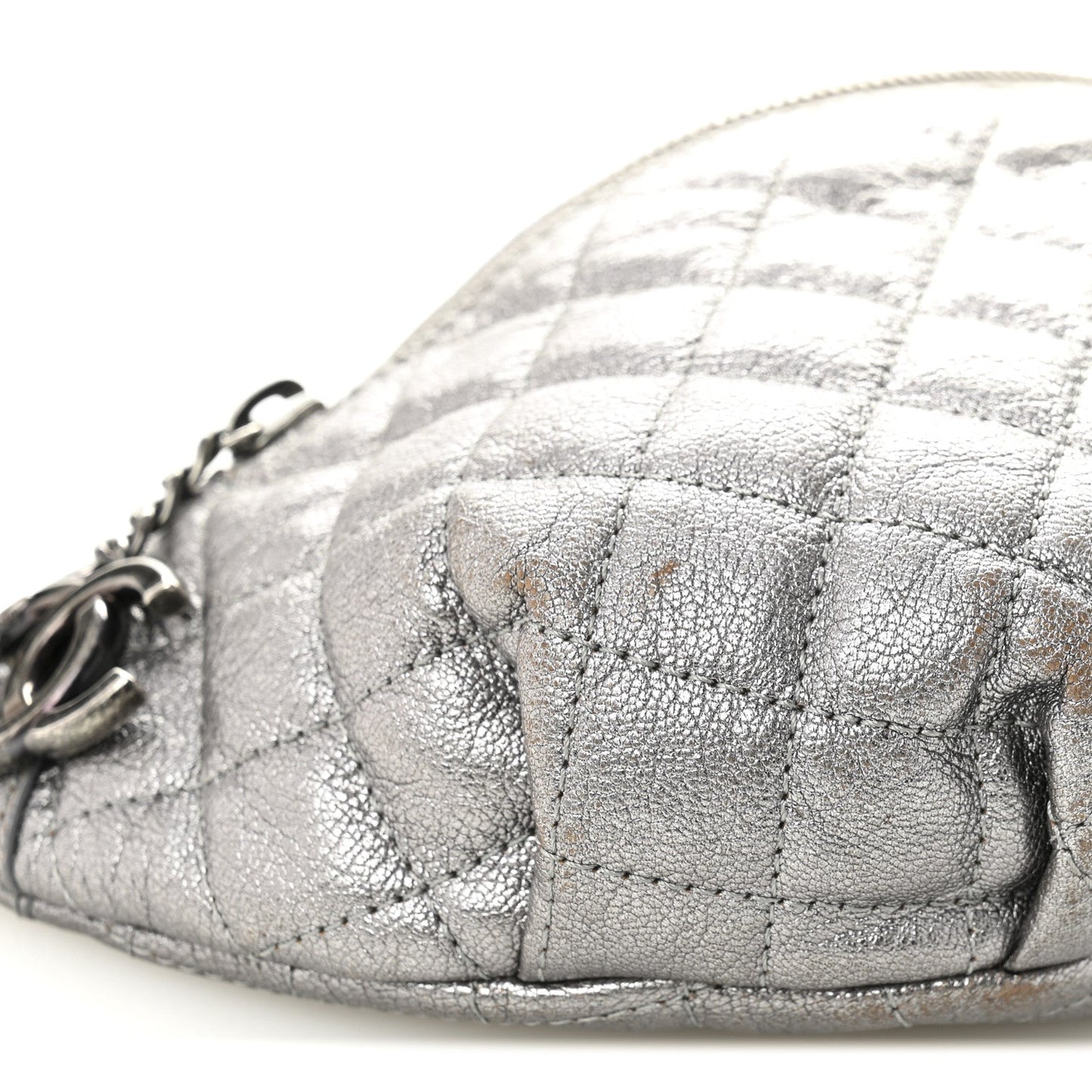 Metallic Calfskin Quilted Banane Waist Bag Fanny Pack Dark Silver