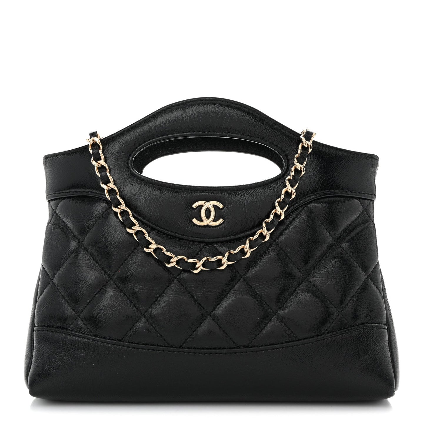 Shiny Crumpled Calfskin Quilted Nano 31 Shopping Bag Black
