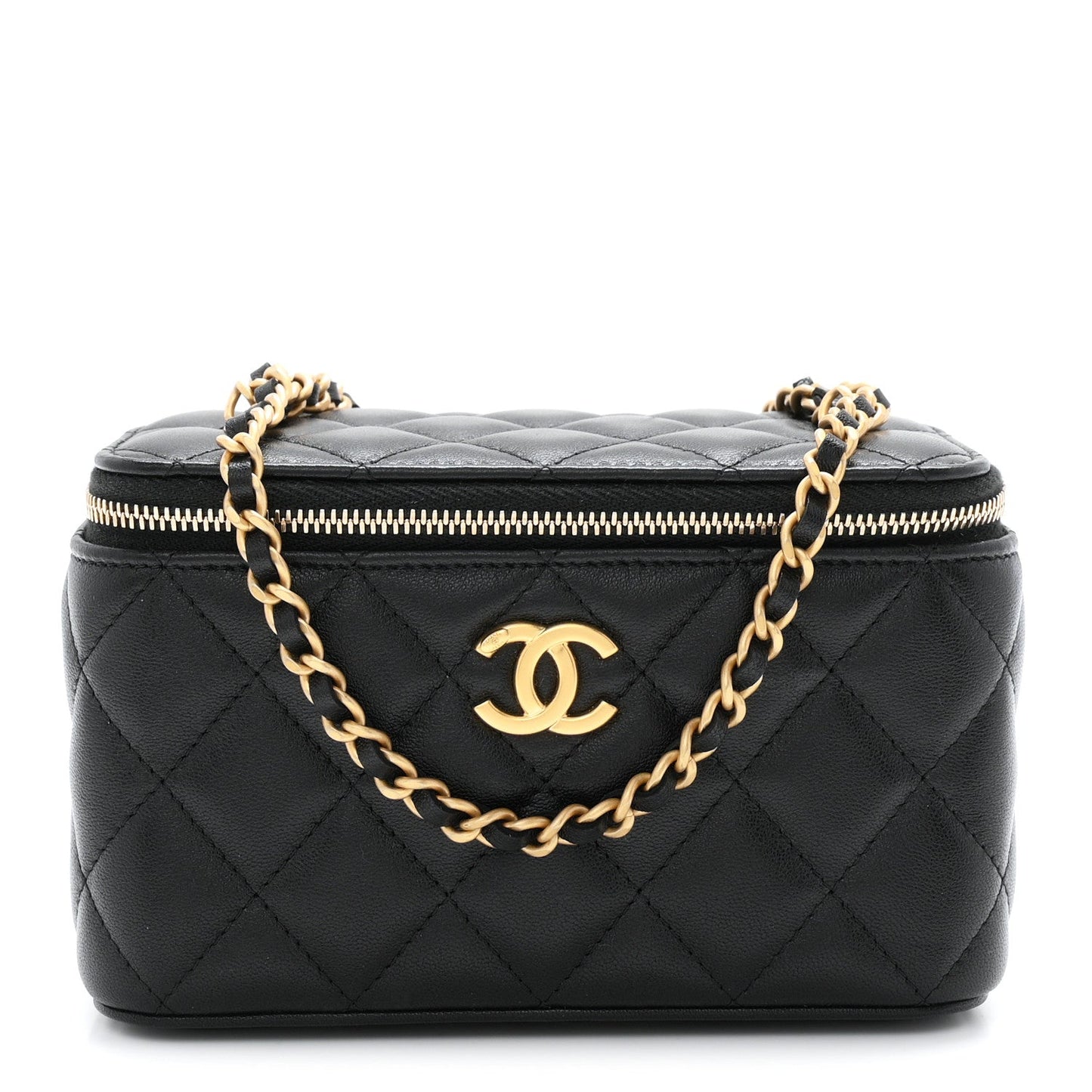 Lambskin Quilted Small Heart Vanity Case With Chain Black