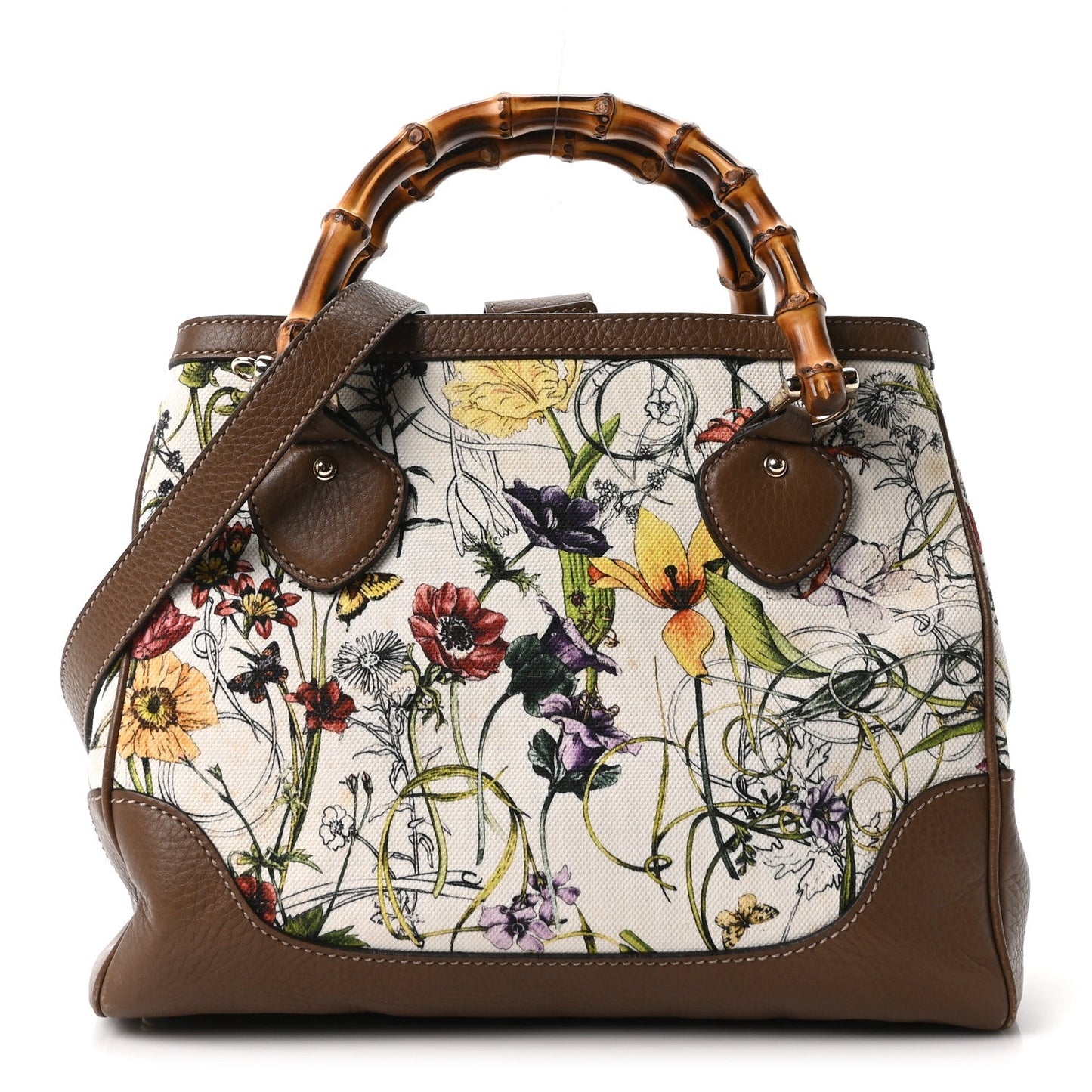 Canvas Floral Small Diana Bamboo Handle Bag Brown