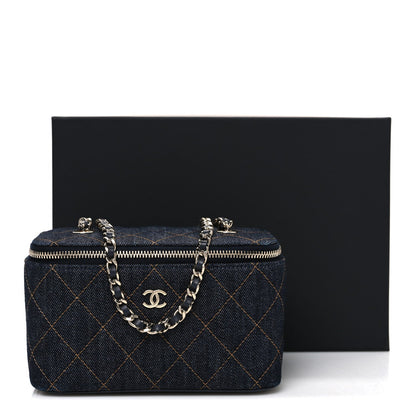 Denim Quilted Small Vanity Case With Chain Dark Blue Orange