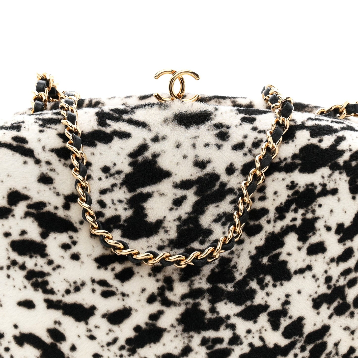 Lambskin Pony Hair Printed Clutch With Chain Black White